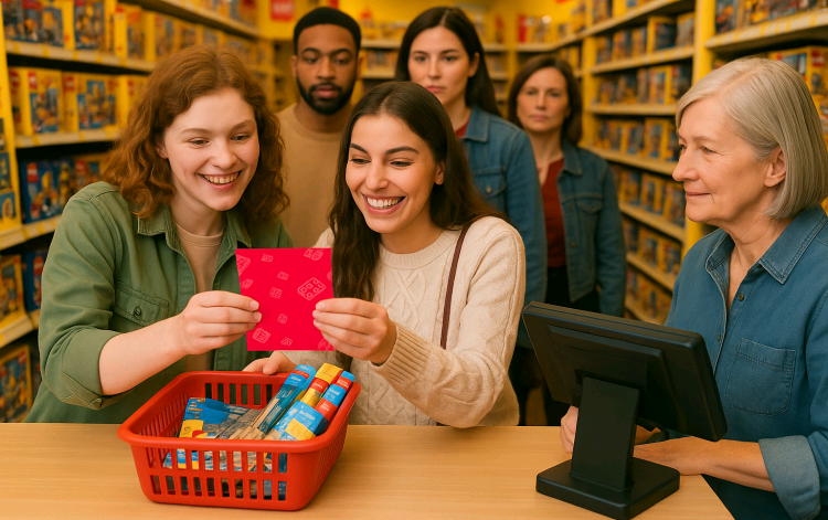 Two Woman looking at the Art4Brick Card in a Art Supply Shop